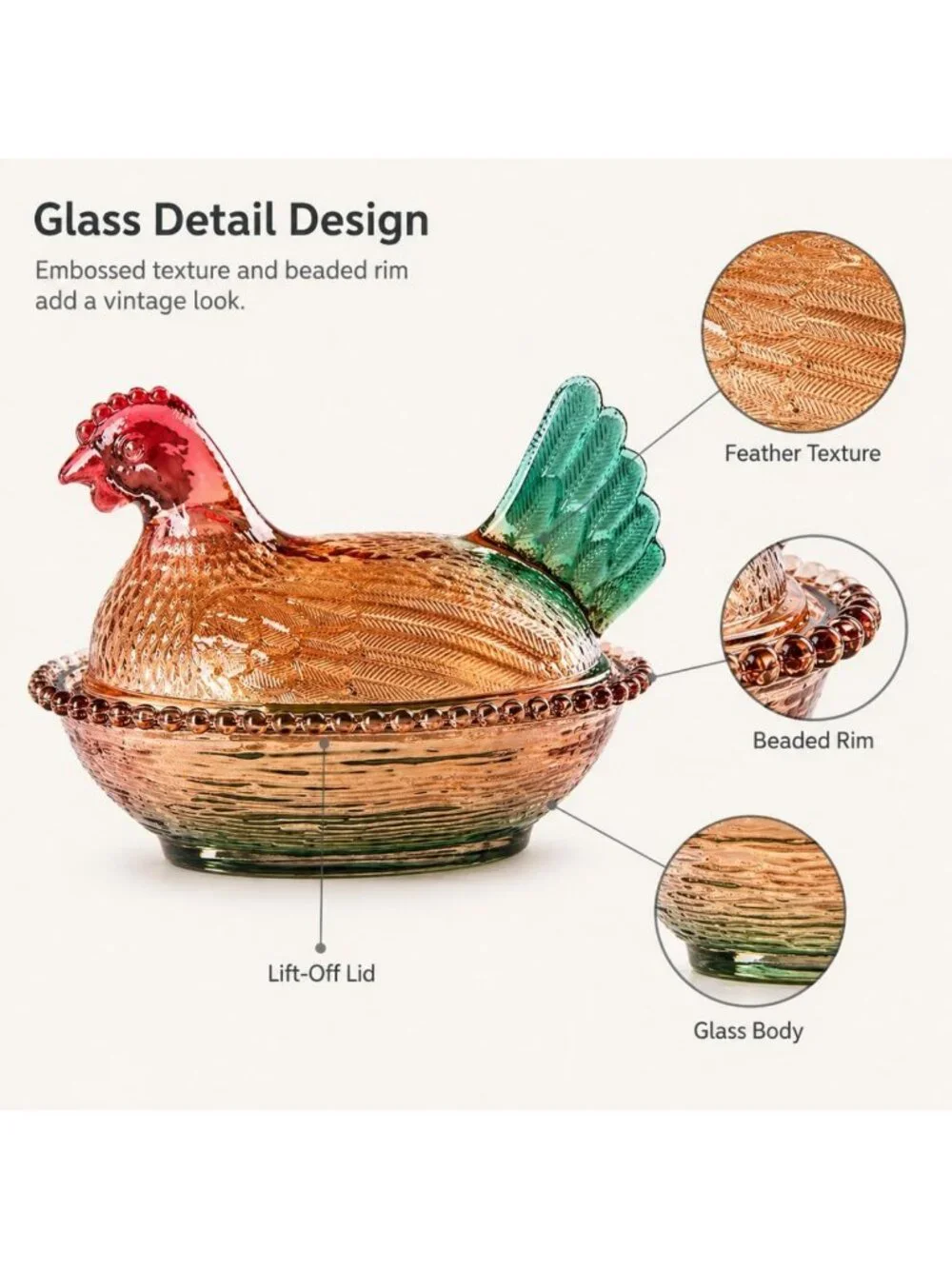 Vintage Glass Hen on Nest Candy Dish with Lid | Colorful Farmhouse Decor, Easter